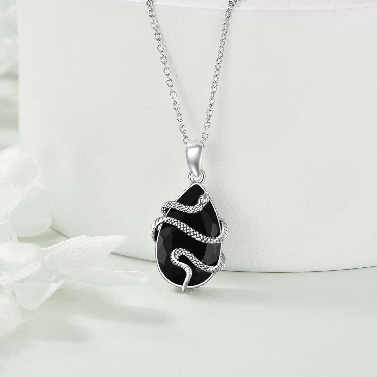 Sterling Silver Black Obsidian Tourmaline Crystal Snake Necklace Jewelry as Gifts